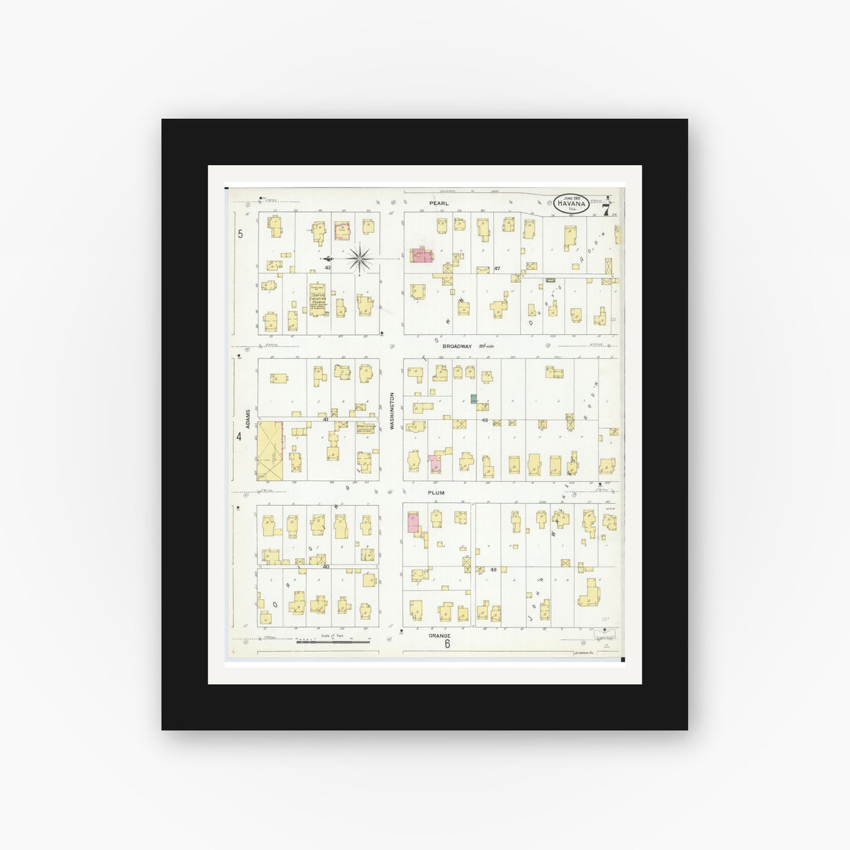 Old map wall art mockup — black gallery frame with white mat — Sanborn Fire Insurance Map from Havana, Mason County, Illinois (1909), Sheet #0007