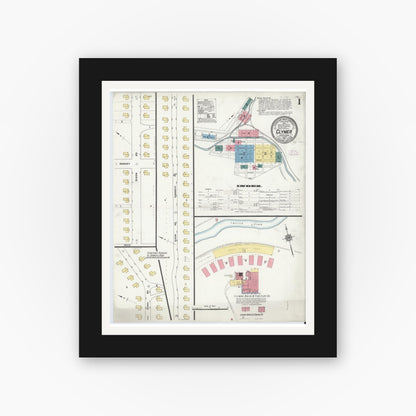 Old map wall art mockup — black gallery frame with white mat — Sanborn Fire Insurance Map from Clymer, Indiana County, Pennsylvania (1911), Sheet #0001