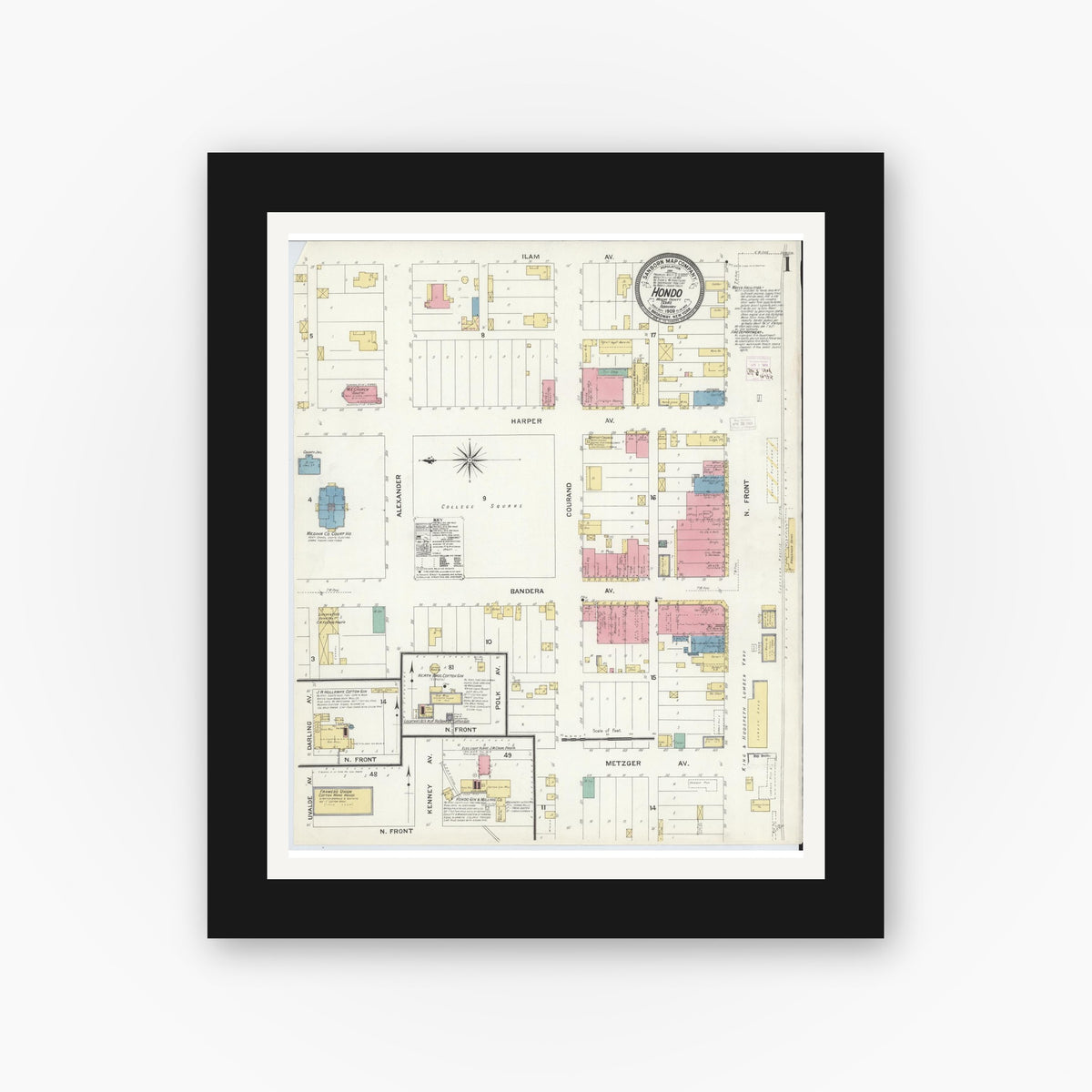 Old map wall art mockup — black gallery frame with white mat — Sanborn Fire Insurance Map from Hondo, Medina County, Texas (1909) - Complete Map Set