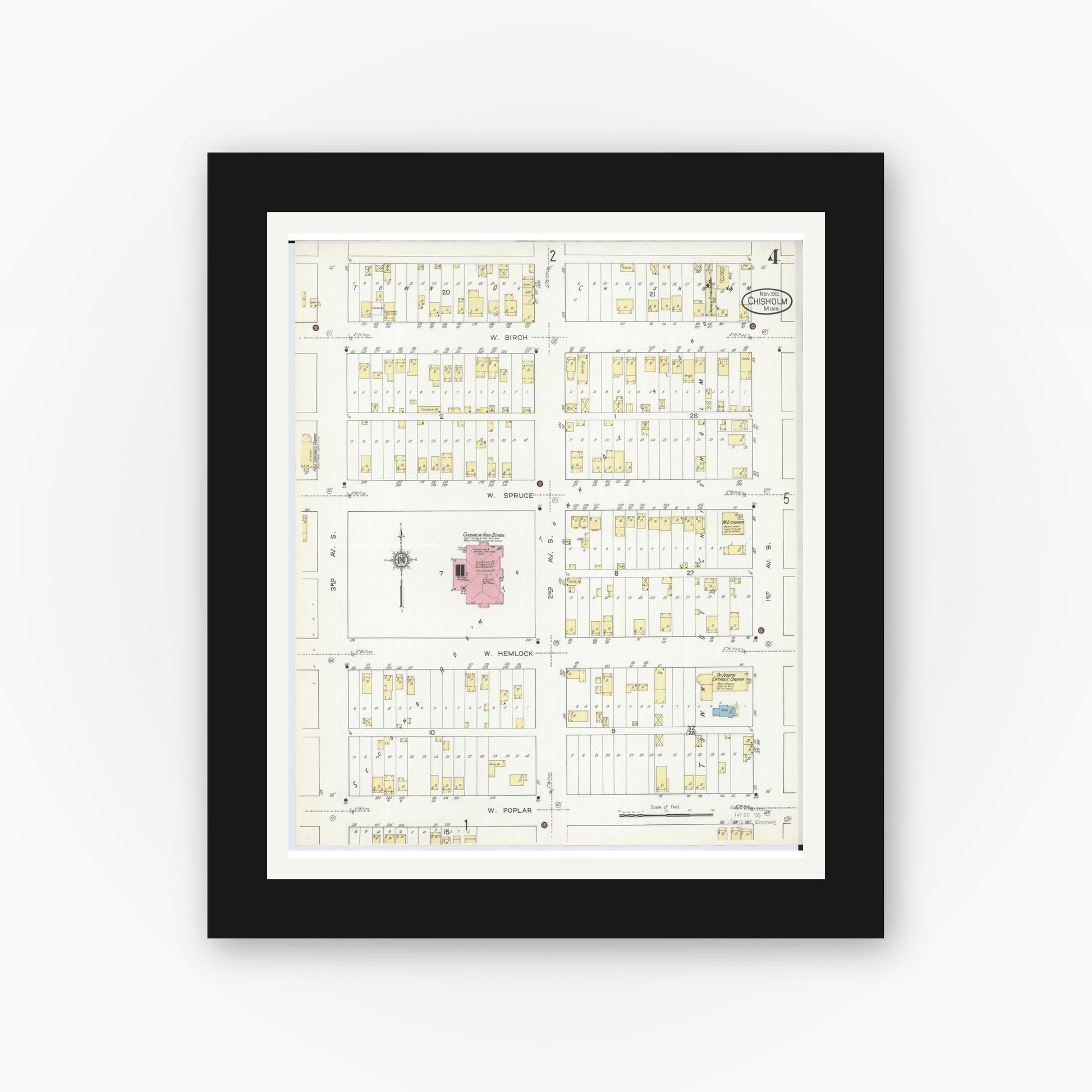 Old map wall art mockup — black gallery frame with white mat — Sanborn Fire Insurance Map from Chisholm, Saint Louis County, Minnesota (1912), Sheet #0004