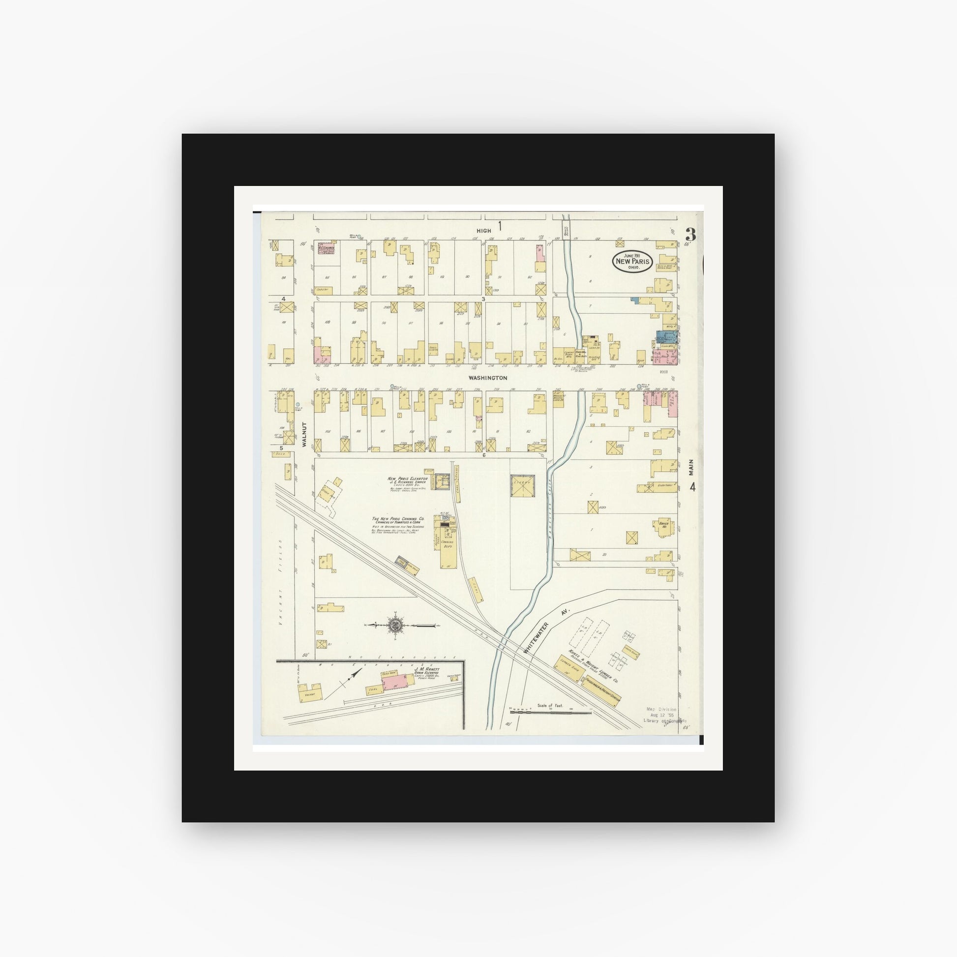 Old map wall art mockup — black gallery frame with white mat — Sanborn Fire Insurance Map from New Paris, Preble County, Ohio (1911), Sheet #0003