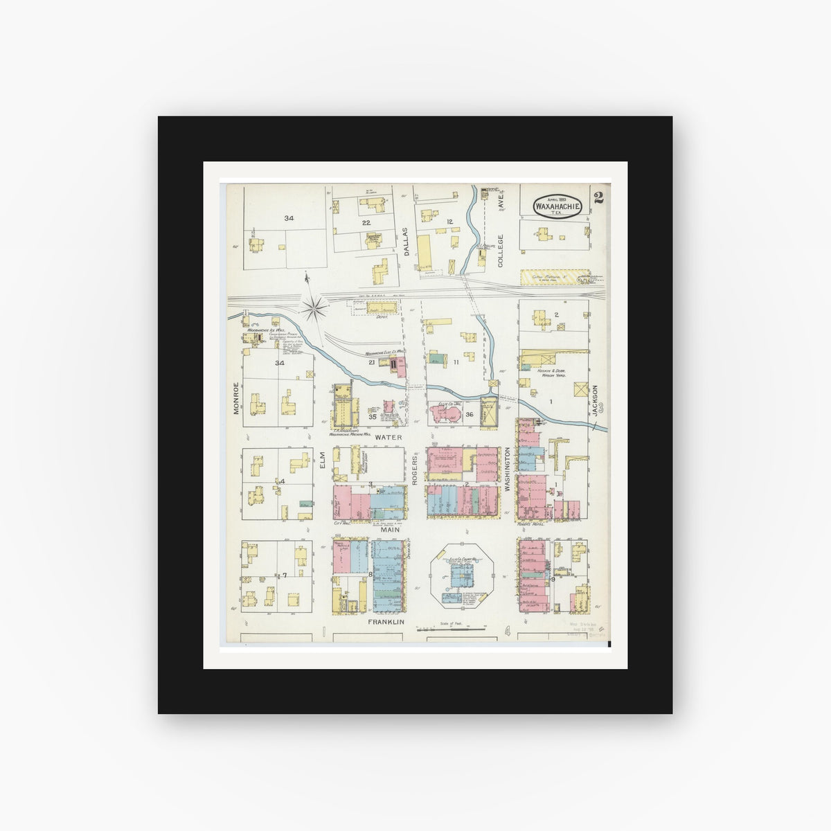 Old map wall art mockup — black gallery frame with white mat — Sanborn Fire Insurance Map from Waxahachie, Ellis County, Texas (1893), Sheet #0002