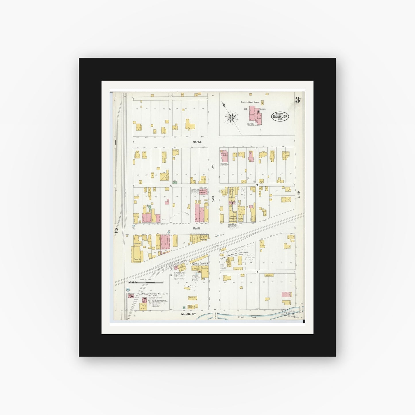 Old map wall art mockup — black gallery frame with white mat — Sanborn Fire Insurance Map from Deshler, Henry County, Ohio (1900), Sheet #0003
