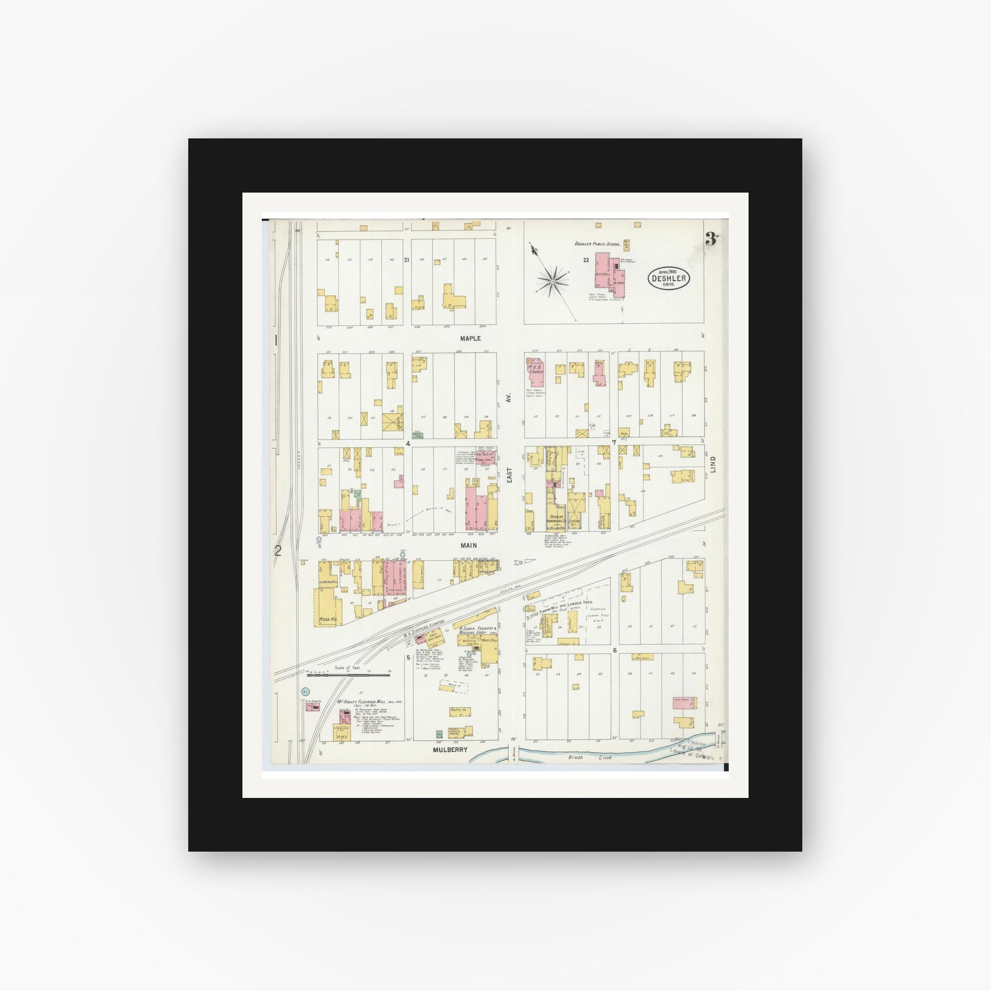 Old map wall art mockup — black gallery frame with white mat — Sanborn Fire Insurance Map from Deshler, Henry County, Ohio (1900), Sheet #0003