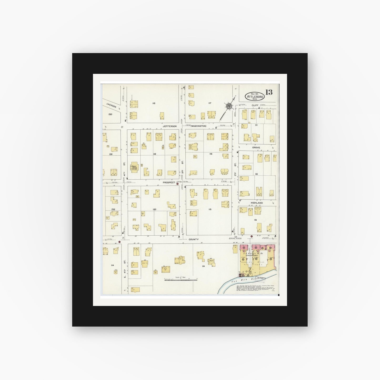 Old map wall art mockup — black gallery frame with white mat — Sanborn Fire Insurance Map from Attleboro, Bristol County, Massachusetts (1911), Sheet #0013