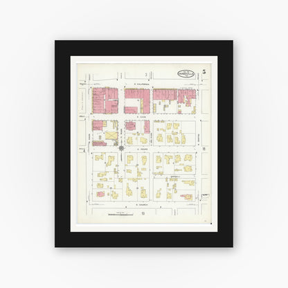 Old map wall art mockup — black gallery frame with white mat — Sanborn Fire Insurance Map from Gainesville, Cooke County, Texas (1913), Sheet #0005
