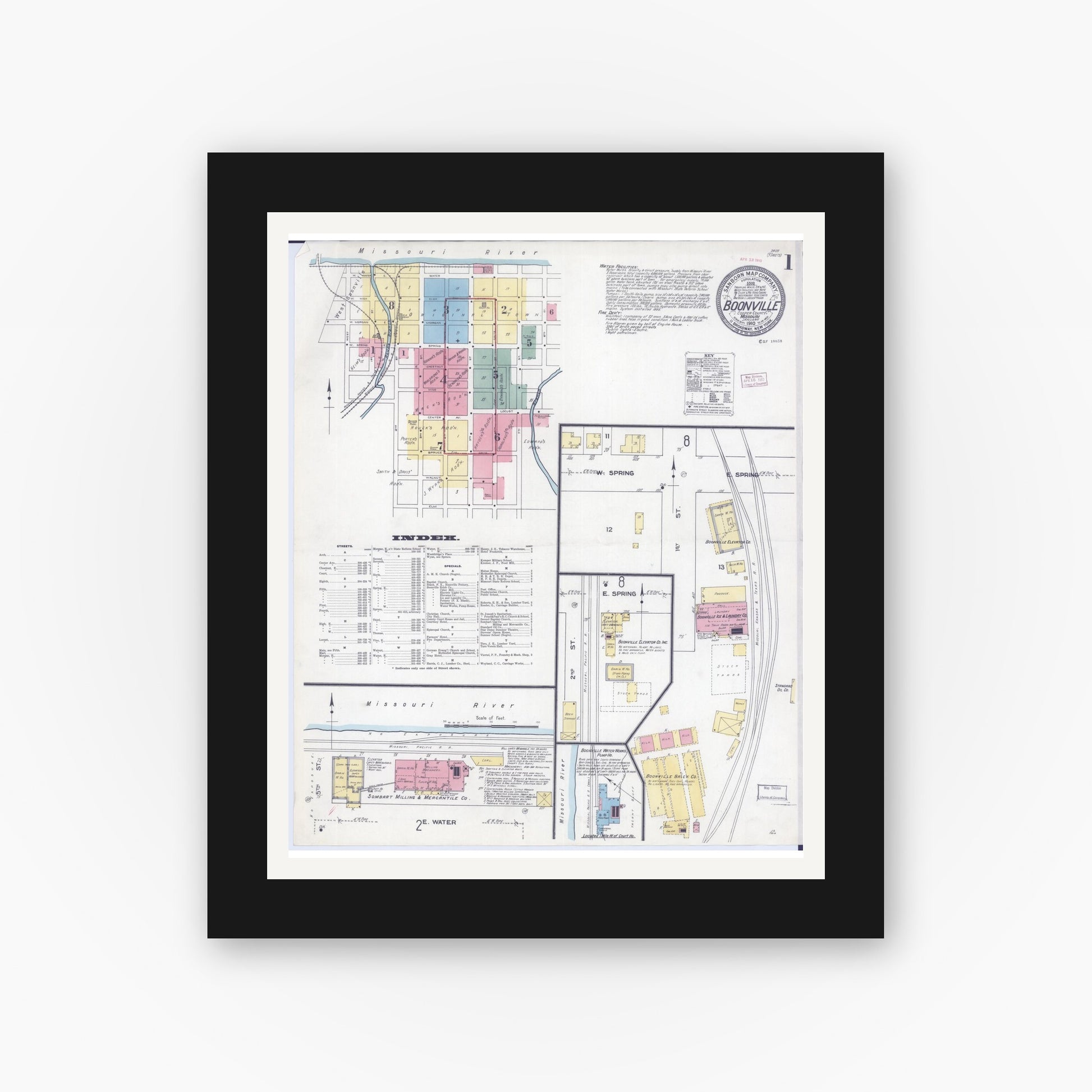 Old map wall art mockup — black gallery frame with white mat — Sanborn Fire Insurance Map from Boonville, Cooper County, Missouri (1910) - Complete Map Set
