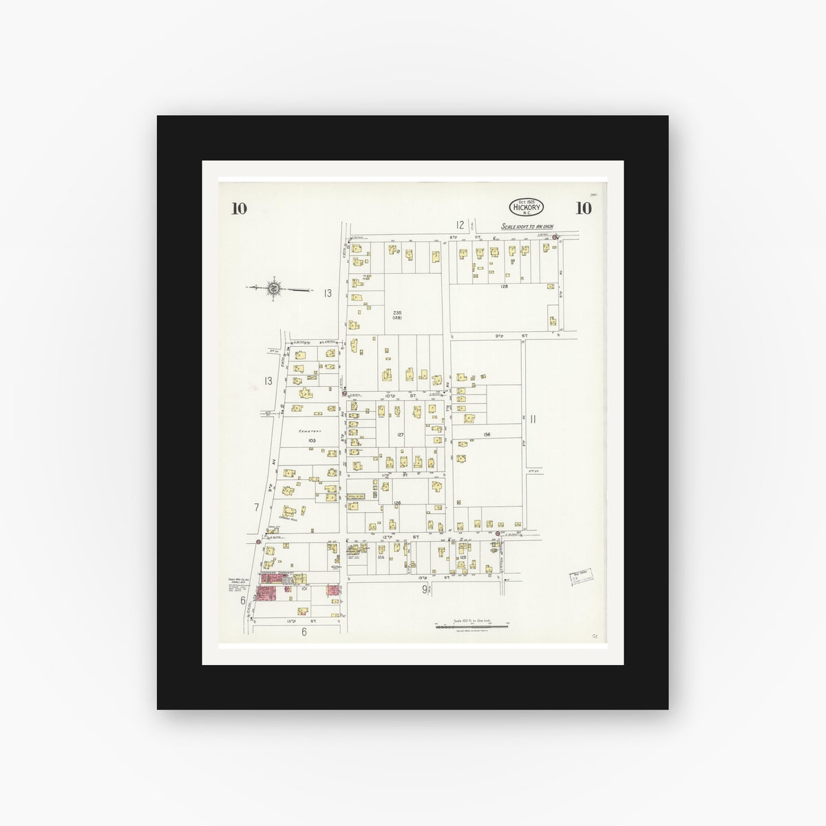 Old map wall art mockup — black gallery frame with white mat — Sanborn Fire Insurance Map from Hickory, Catawba County, North Carolina (1925), Sheet #0010