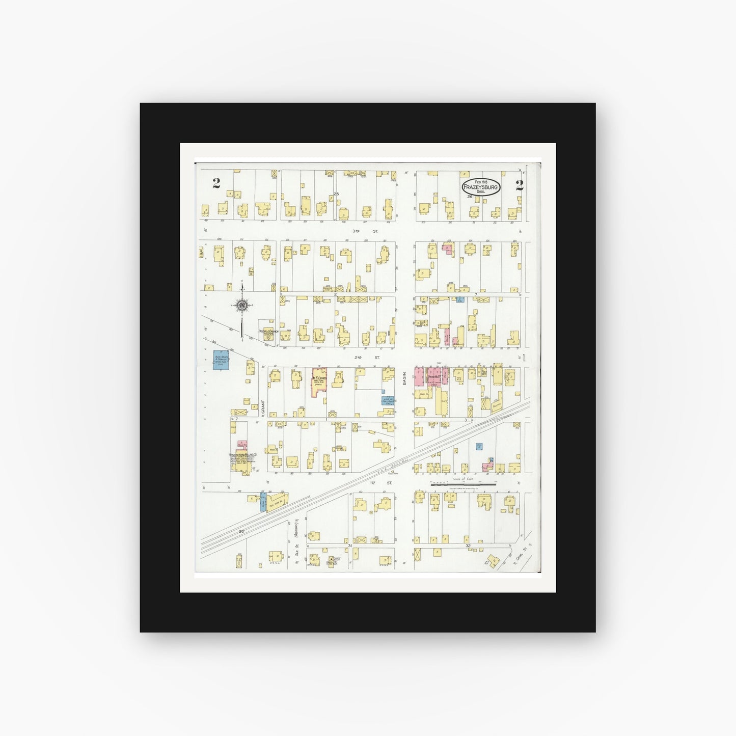 Old map wall art mockup — black gallery frame with white mat — Sanborn Fire Insurance Map from Frazeysburg, Muskingum County, Ohio (1928), Sheet #0002