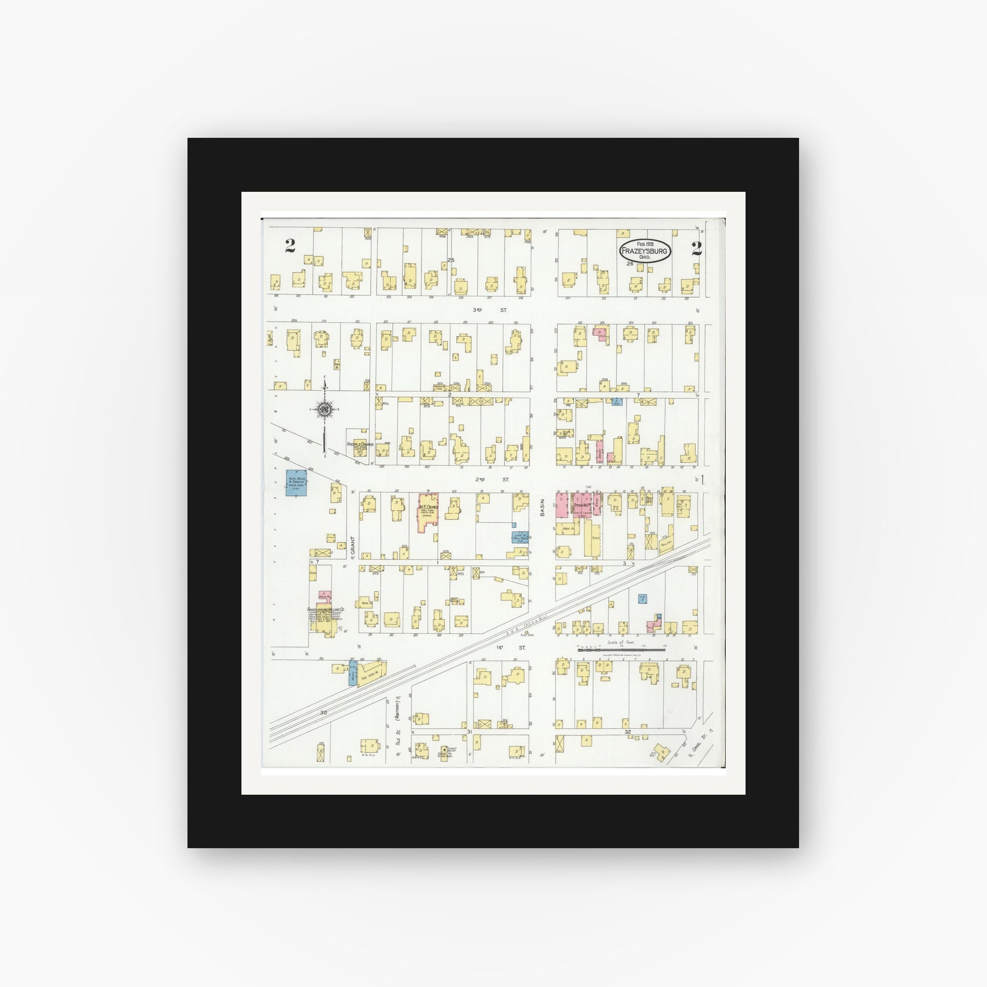 Old map wall art mockup — black gallery frame with white mat — Sanborn Fire Insurance Map from Frazeysburg, Muskingum County, Ohio (1928), Sheet #0002
