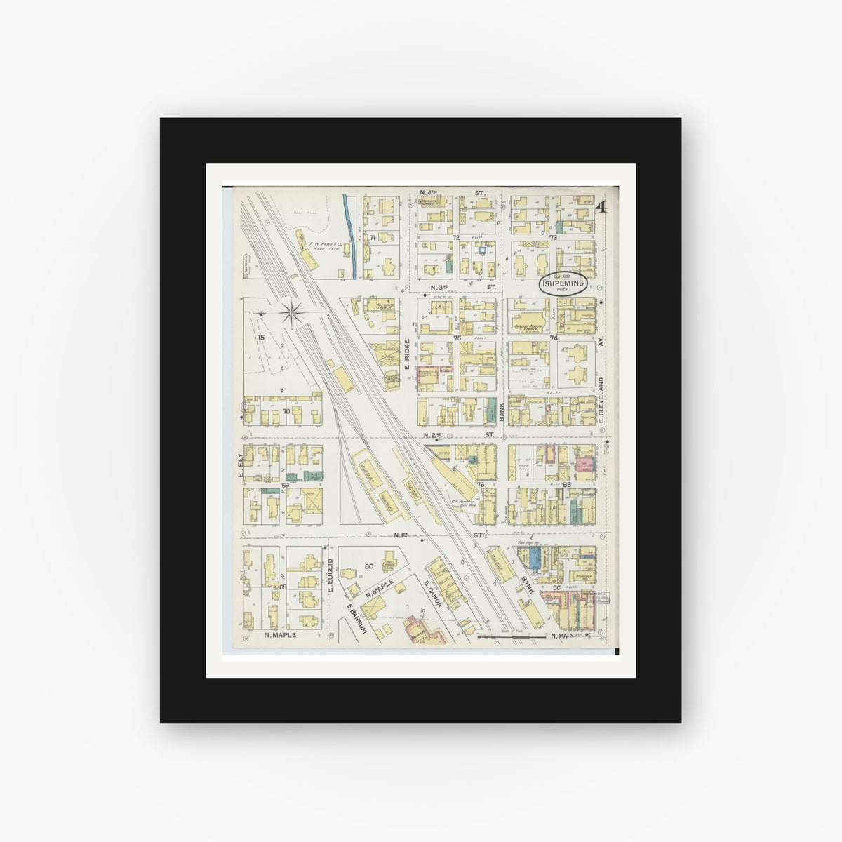 Old map wall art mockup — black gallery frame with white mat — Sanborn Fire Insurance Map from Ishpeming, Marquette County, Michigan (1892), Sheet #0004