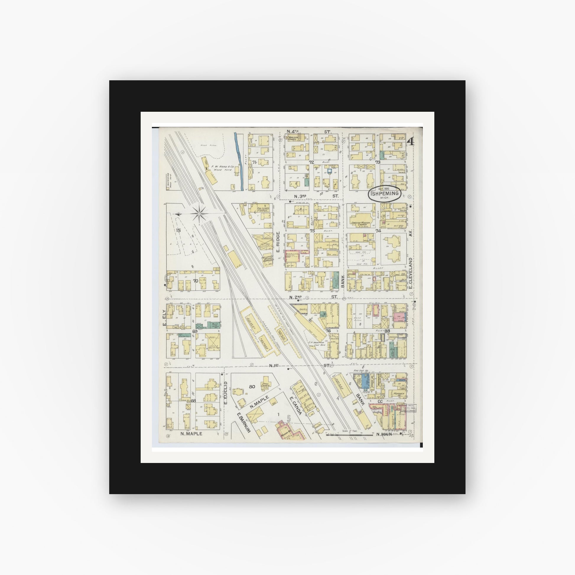 Old map wall art mockup — black gallery frame with white mat — Sanborn Fire Insurance Map from Ishpeming, Marquette County, Michigan (1892), Sheet #0004