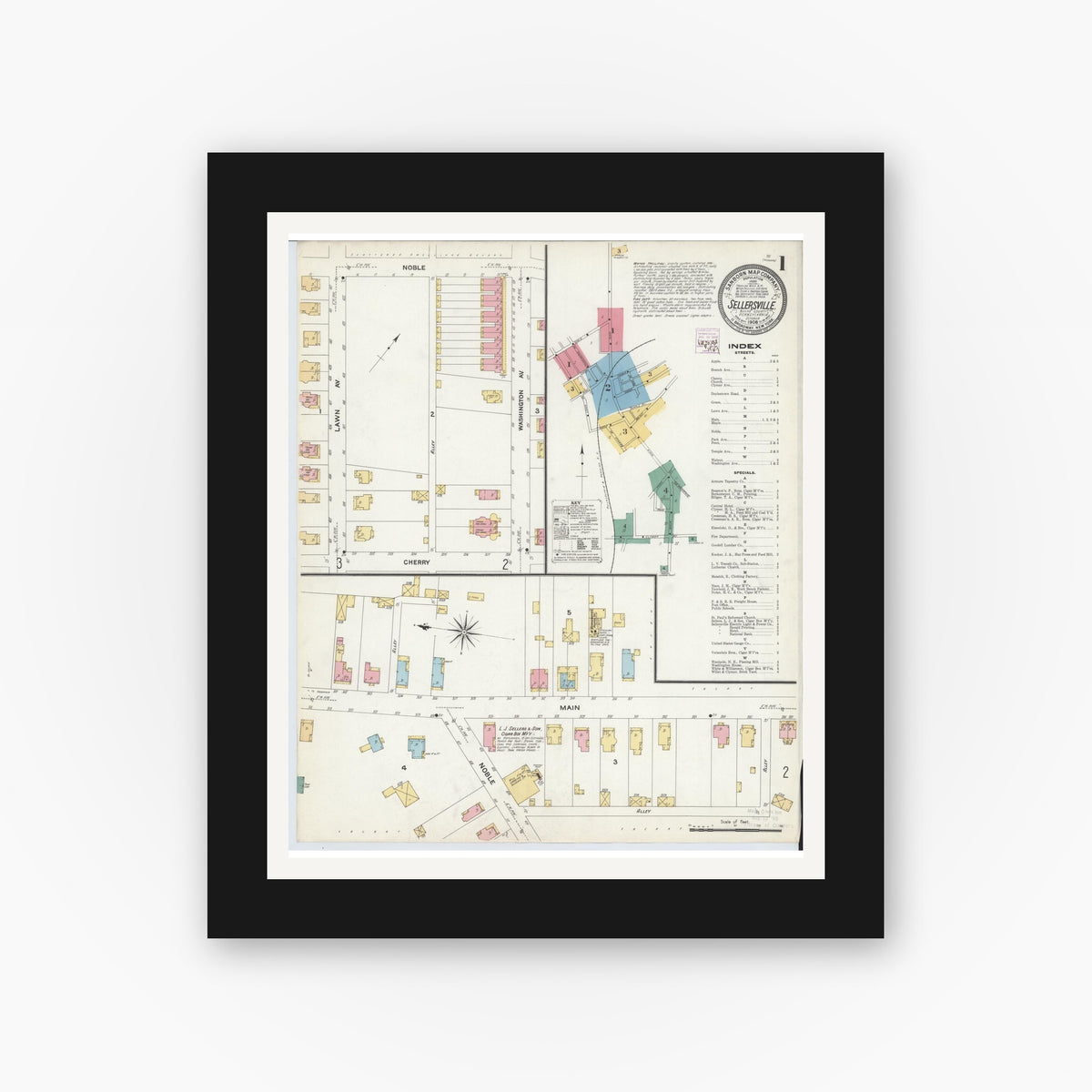 Old map wall art mockup — black gallery frame with white mat — Sanborn Fire Insurance Map from Sellersville, Bucks County, Pennsylvania (1908) - Complete Map Set