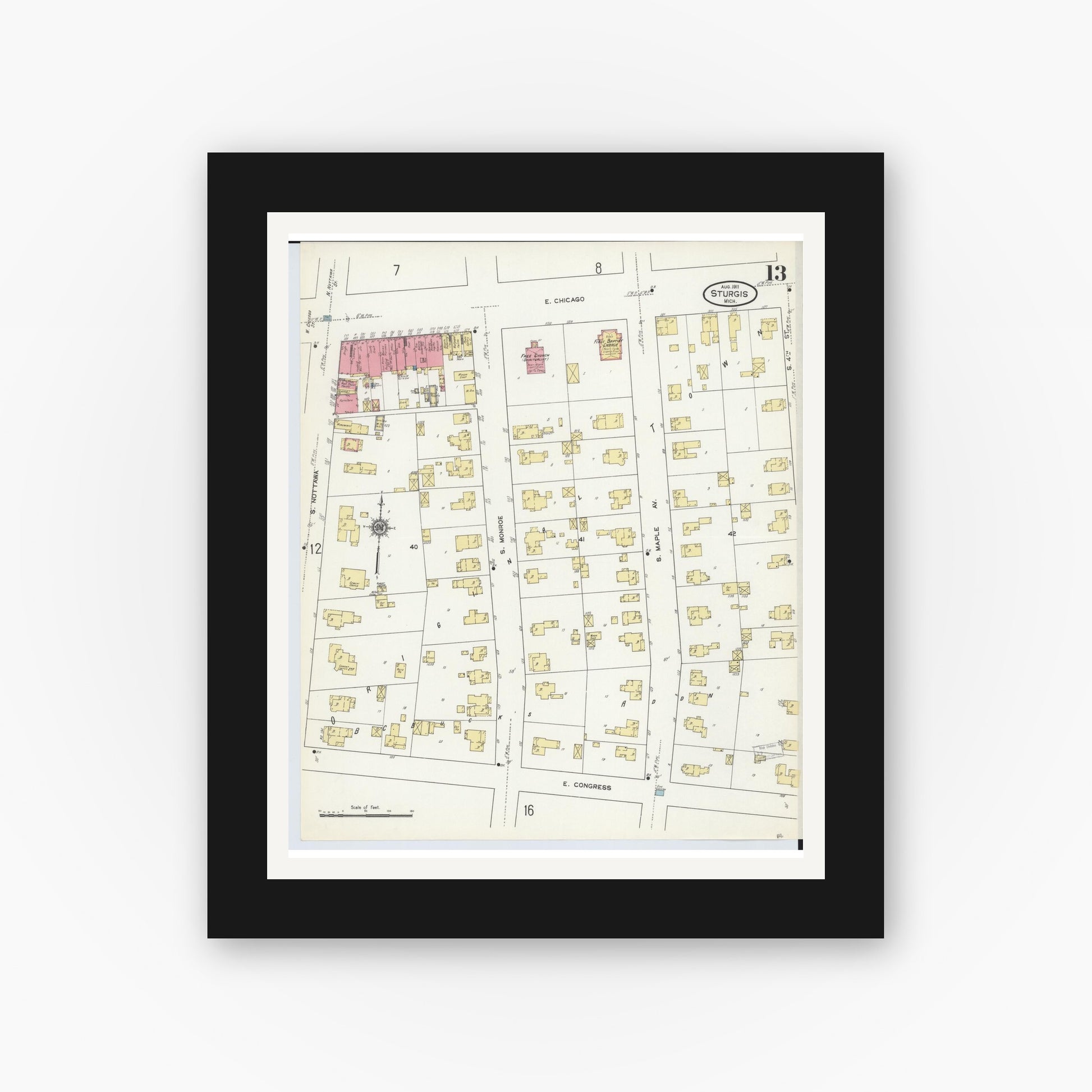 Old map wall art mockup — black gallery frame with white mat — Sanborn Fire Insurance Map from Sturgis, Saint Joseph County, Michigan (1911), Sheet #0013