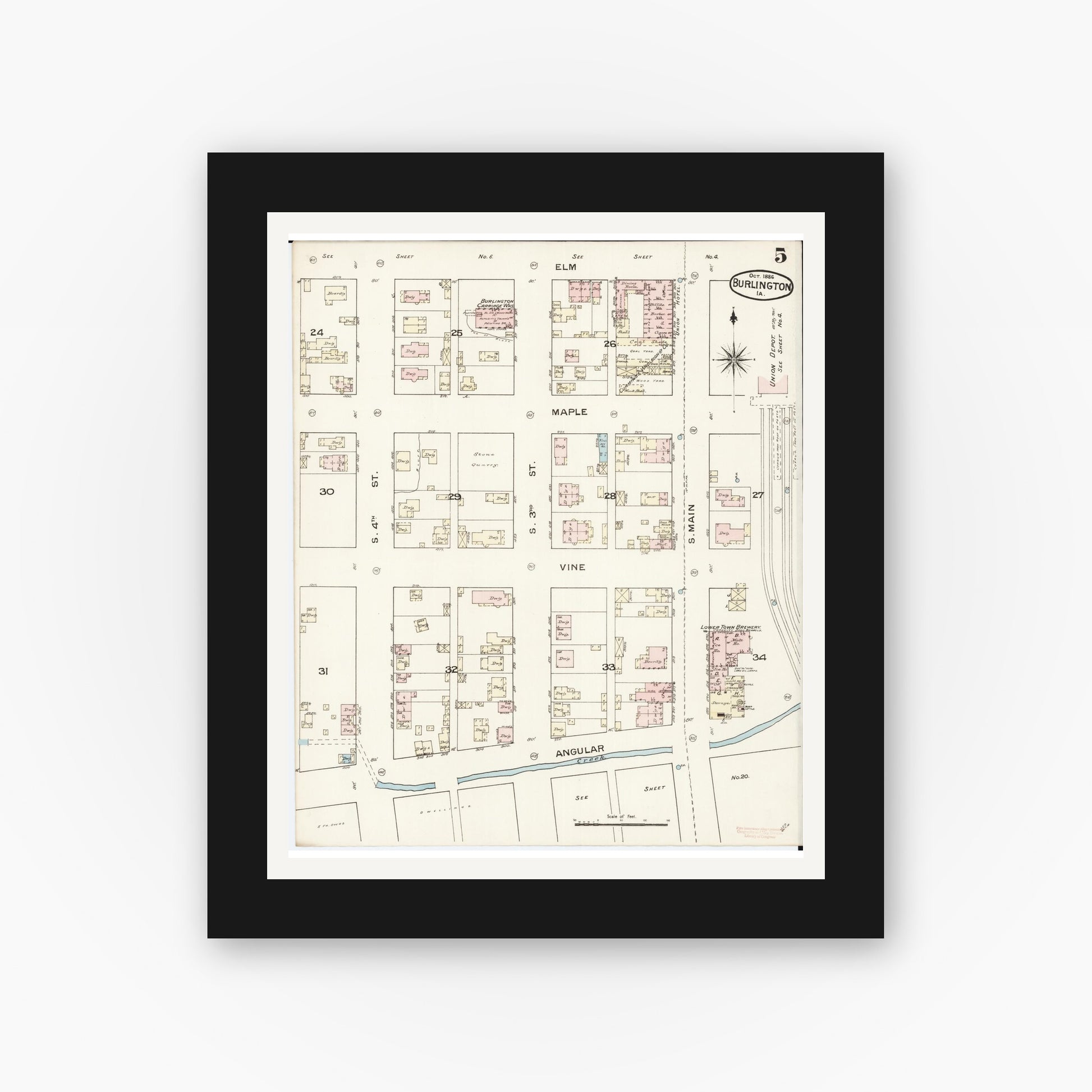 Old map wall art mockup — black gallery frame with white mat — Sanborn Fire Insurance Map from Burlington, Des Moines County, Iowa (1888), Sheet #0005