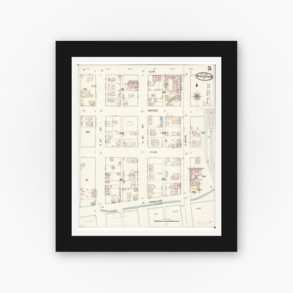 Old map wall art mockup — black gallery frame with white mat — Sanborn Fire Insurance Map from Burlington, Des Moines County, Iowa (1888), Sheet #0005