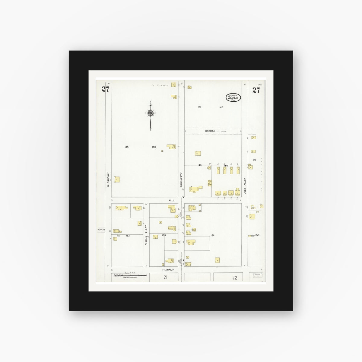 Old map wall art mockup — black gallery frame with white mat — Sanborn Fire Insurance Map from Ocala, Marion County, Florida (1924), Sheet #0027