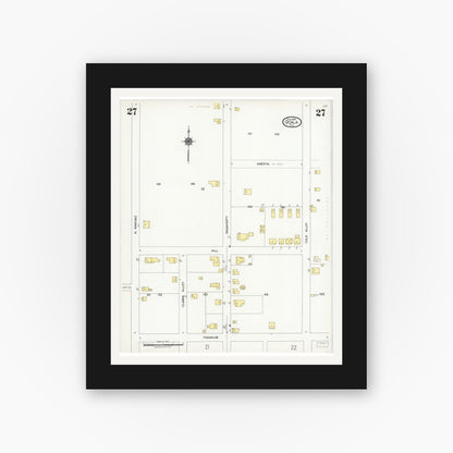 Old map wall art mockup — black gallery frame with white mat — Sanborn Fire Insurance Map from Ocala, Marion County, Florida (1924), Sheet #0027