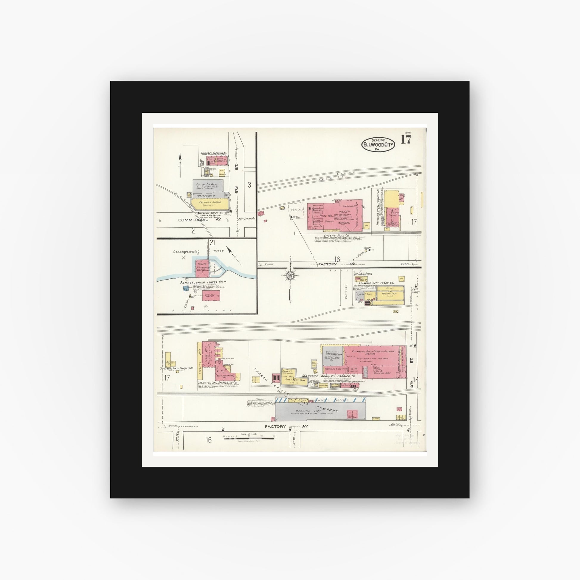 Old map wall art mockup — black gallery frame with white mat — Sanborn Fire Insurance Map from Ellwood City, Lawrence County, Pennsylvania (1921), Sheet #0017