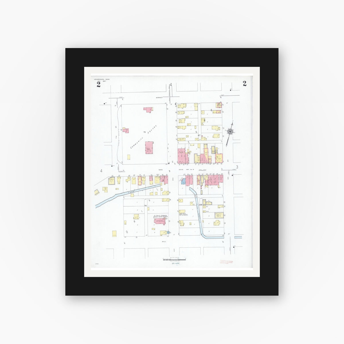 Old map wall art mockup — black gallery frame with white mat — Sanborn Fire Insurance Map from Henderson, Sibley County, Minnesota (1947), Sheet #0002