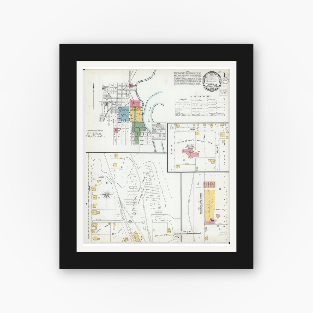 Old map wall art mockup — black gallery frame with white mat — Sanborn Fire Insurance Map from Grayville, White And Edwards Counties, Illinois (1900), Sheet #0001