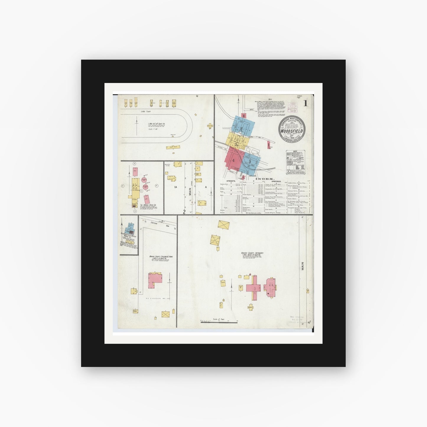 Old map wall art mockup — black gallery frame with white mat — Sanborn Fire Insurance Map from Woodsfield, Monroe County, Ohio (1905) - Complete Map Set