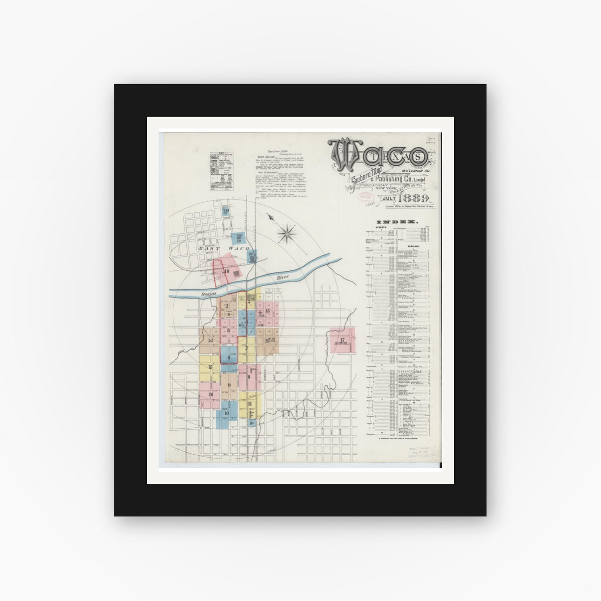 Old map wall art mockup — black gallery frame with white mat — Sanborn Fire Insurance Map from Waco, McLennan County, Texas (1889) - Complete Map Set