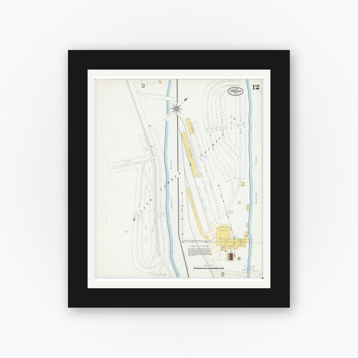 Old map wall art mockup — black gallery frame with white mat — Sanborn Fire Insurance Map from Orange, Orange County, Texas (1901), Sheet #0012