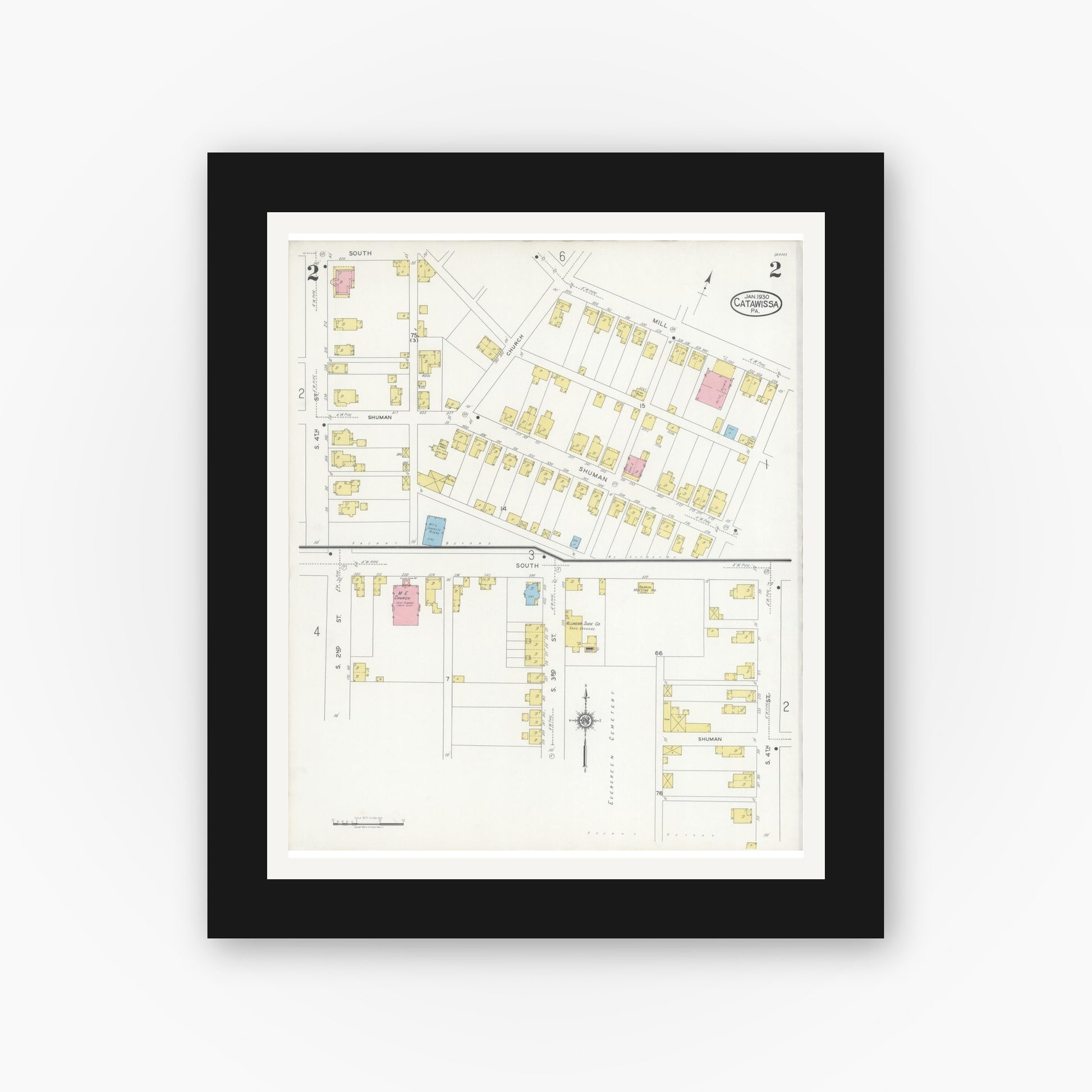 Old map wall art mockup — black gallery frame with white mat — Sanborn Fire Insurance Map from Catawissa, Columbia County, Pennsylvania (1930), Sheet #0002