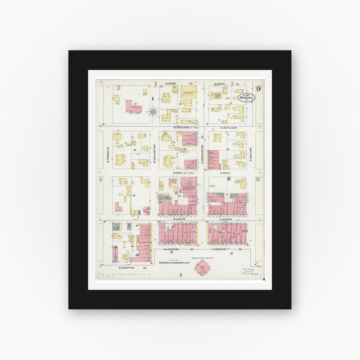 Old map wall art mockup — black gallery frame with white mat — Sanborn Fire Insurance Map from Marshall, Harrison County, Texas (1899), Sheet #0009
