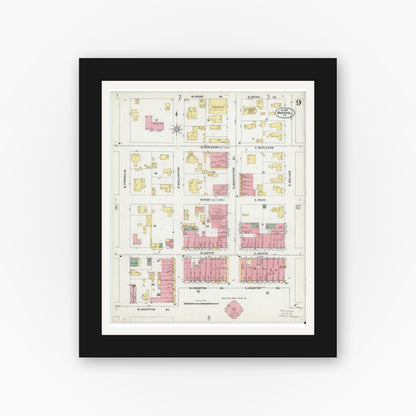 Old map wall art mockup — black gallery frame with white mat — Sanborn Fire Insurance Map from Marshall, Harrison County, Texas (1899), Sheet #0009