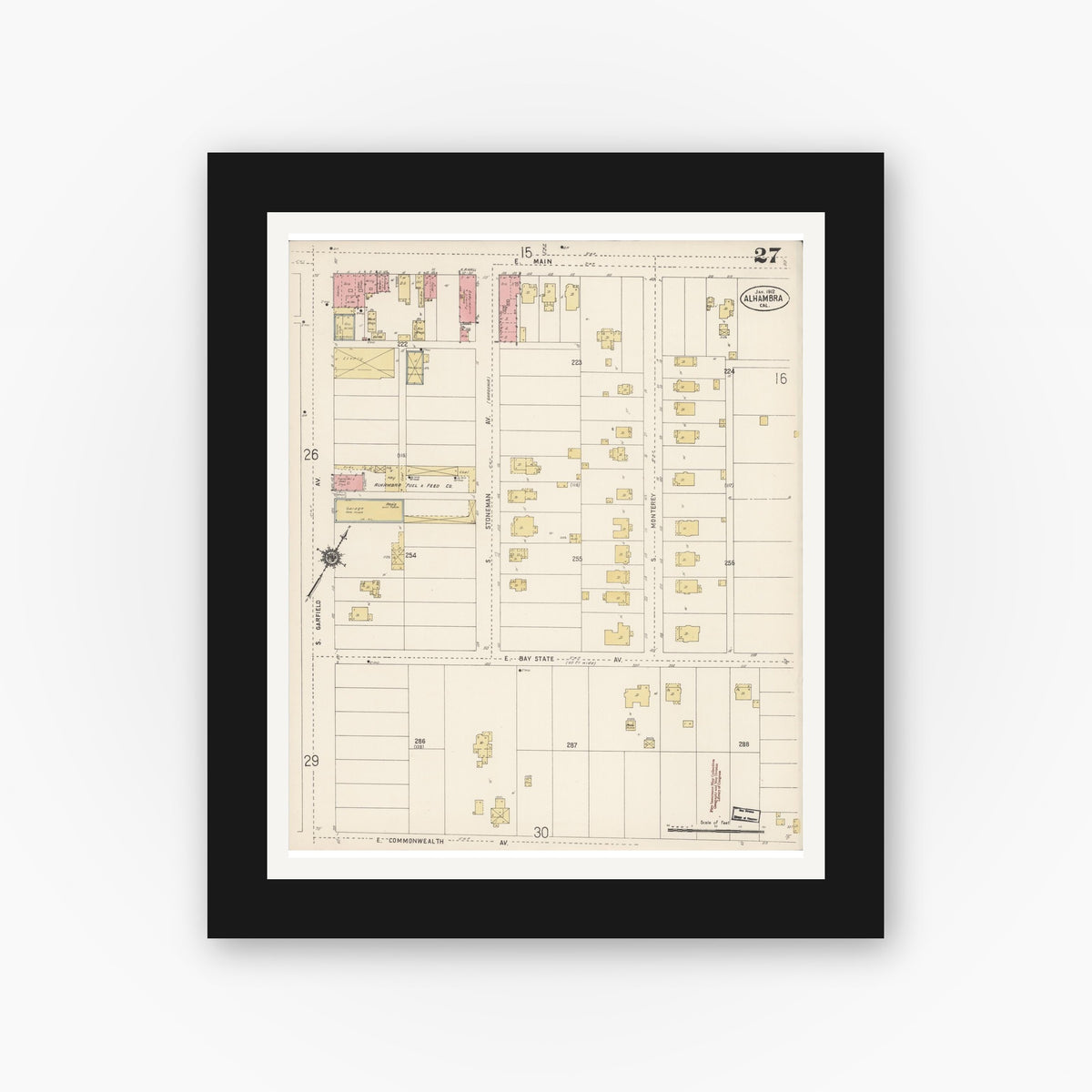 Old map wall art mockup — black gallery frame with white mat — Sanborn Fire Insurance Map from Alhambra, Los Angeles County, California (1912), Sheet #0027