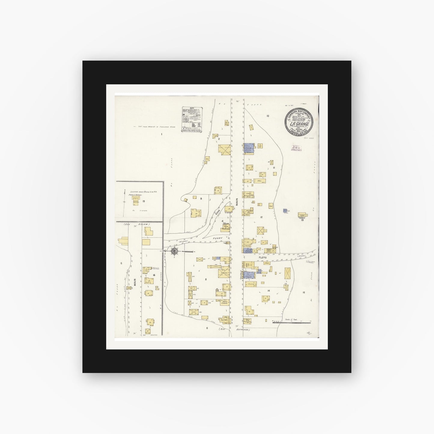 Old map wall art mockup — black gallery frame with white mat — Sanborn Fire Insurance Map from La Grange, Stanislaus County, California (1910), Sheet #0001