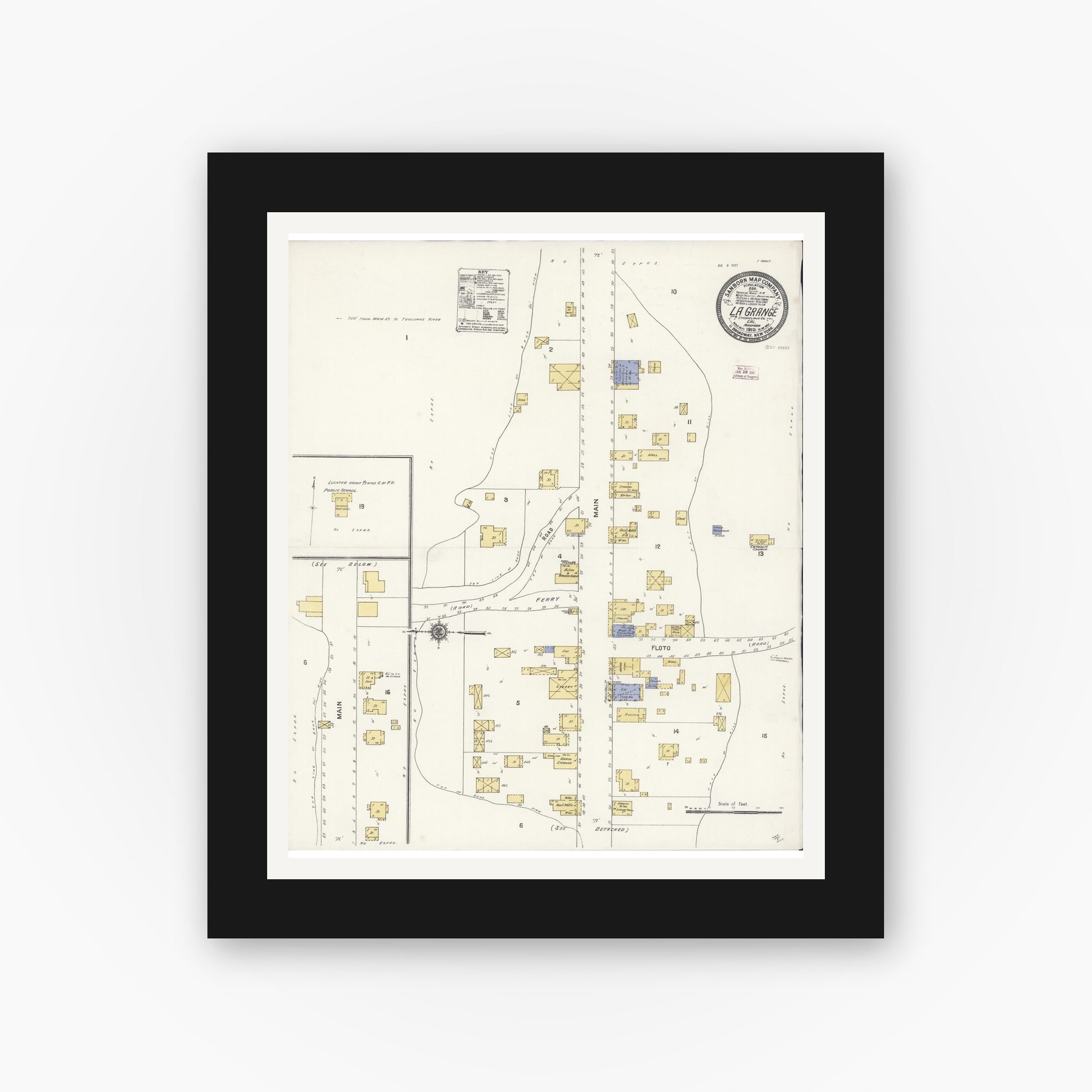Old map wall art mockup — black gallery frame with white mat — Sanborn Fire Insurance Map from La Grange, Stanislaus County, California (1910), Sheet #0001