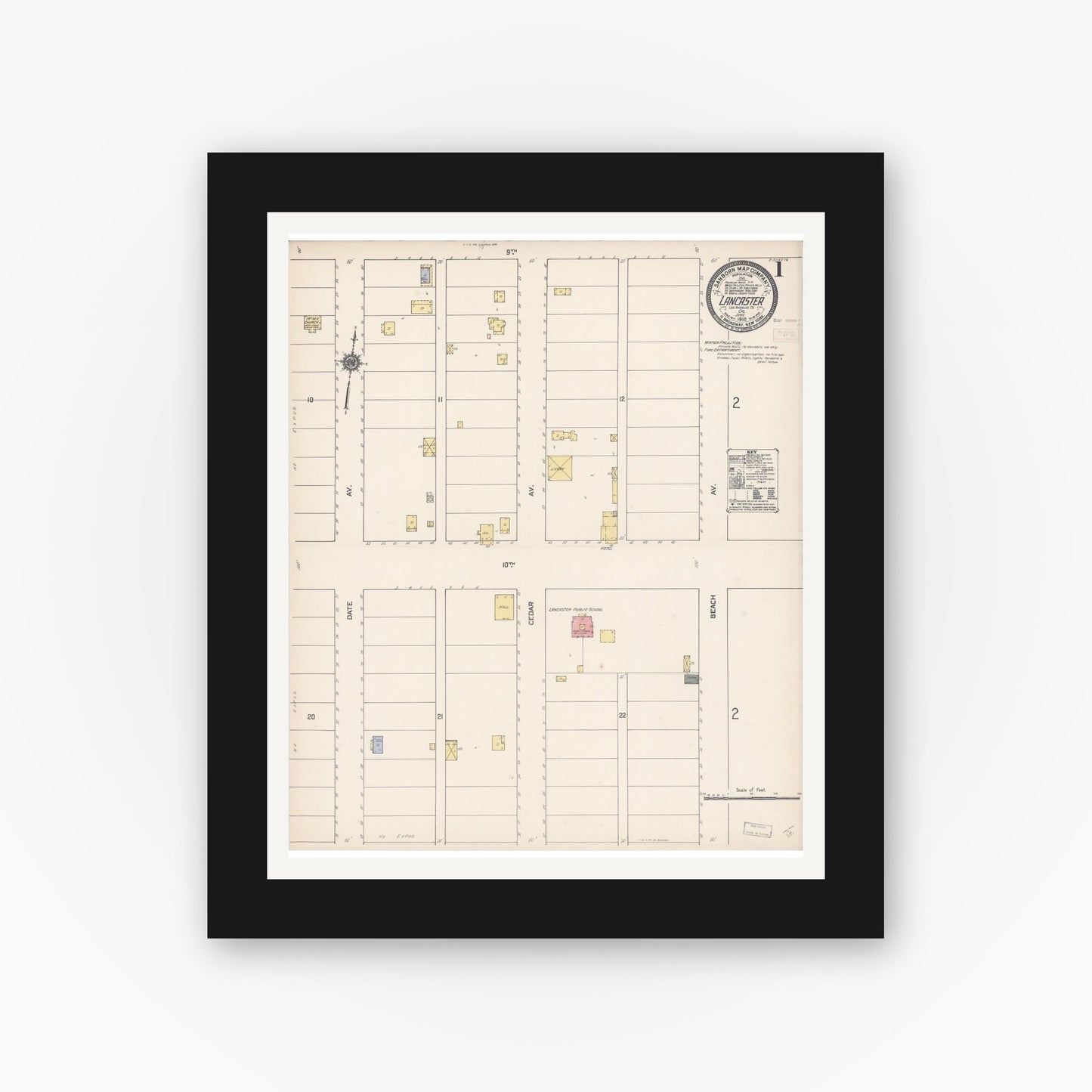 Old map wall art mockup — black gallery frame with white mat — Sanborn Fire Insurance Map from Lancaster, Los Angeles County, California (1910), Sheet #0001