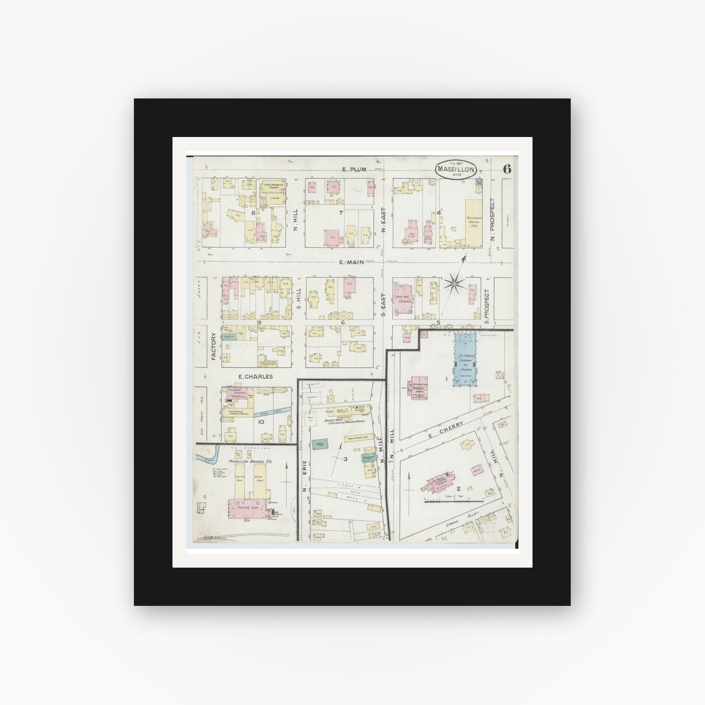Old map wall art mockup — black gallery frame with white mat — Sanborn Fire Insurance Map from Massillon, Stark County, Ohio (1887), Sheet #0006