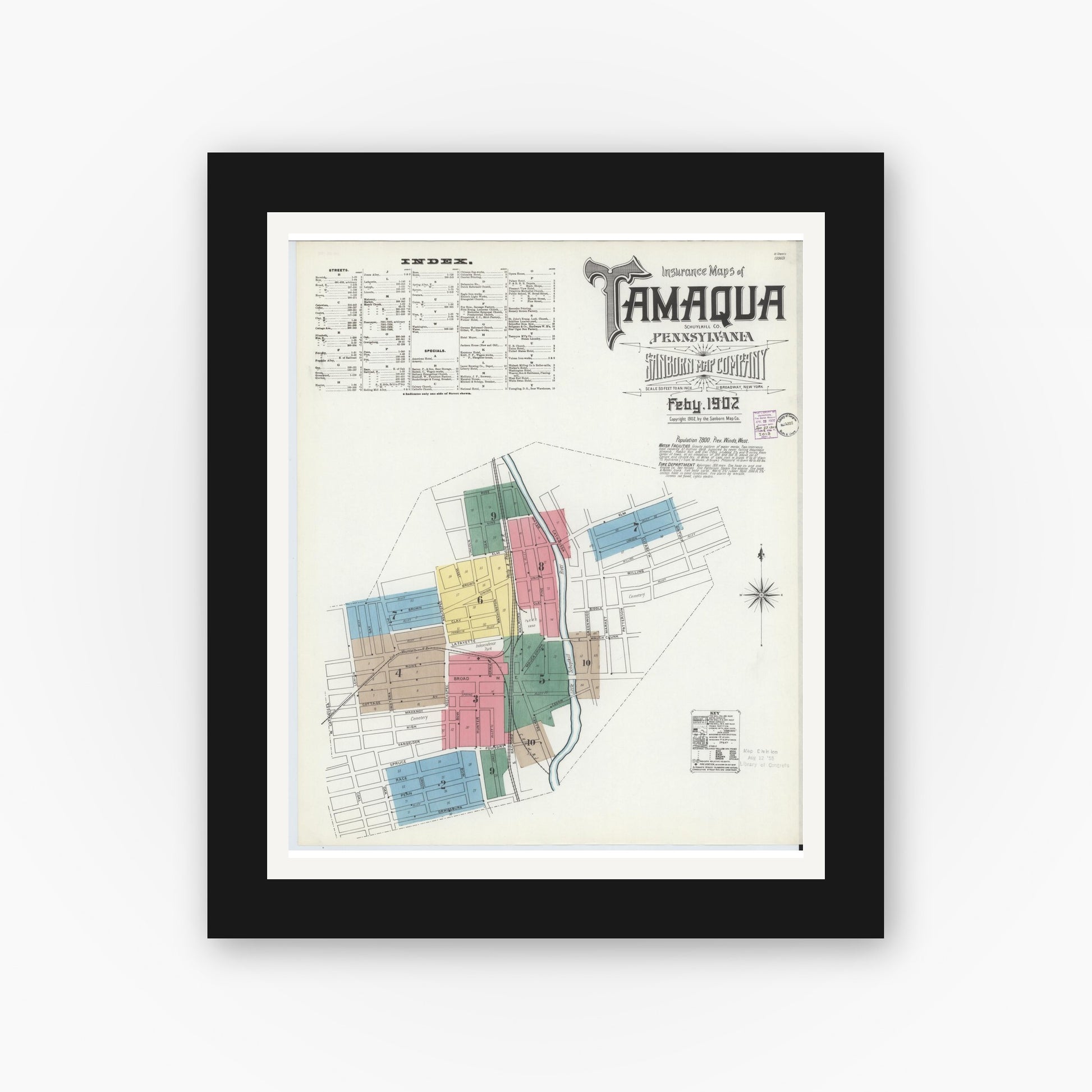 Old map wall art mockup — black gallery frame with white mat — Sanborn Fire Insurance Map from Tamaqua, Schuylkill County, Pennsylvania (1902) - Complete Map Set