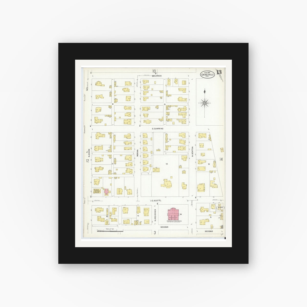 Old map wall art mockup — black gallery frame with white mat — Sanborn Fire Insurance Map from Gainesville, Cooke County, Texas (1908), Sheet #0013