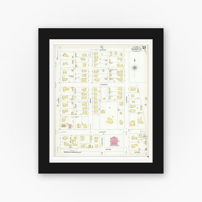 Old map wall art mockup — black gallery frame with white mat — Sanborn Fire Insurance Map from Gainesville, Cooke County, Texas (1908), Sheet #0013