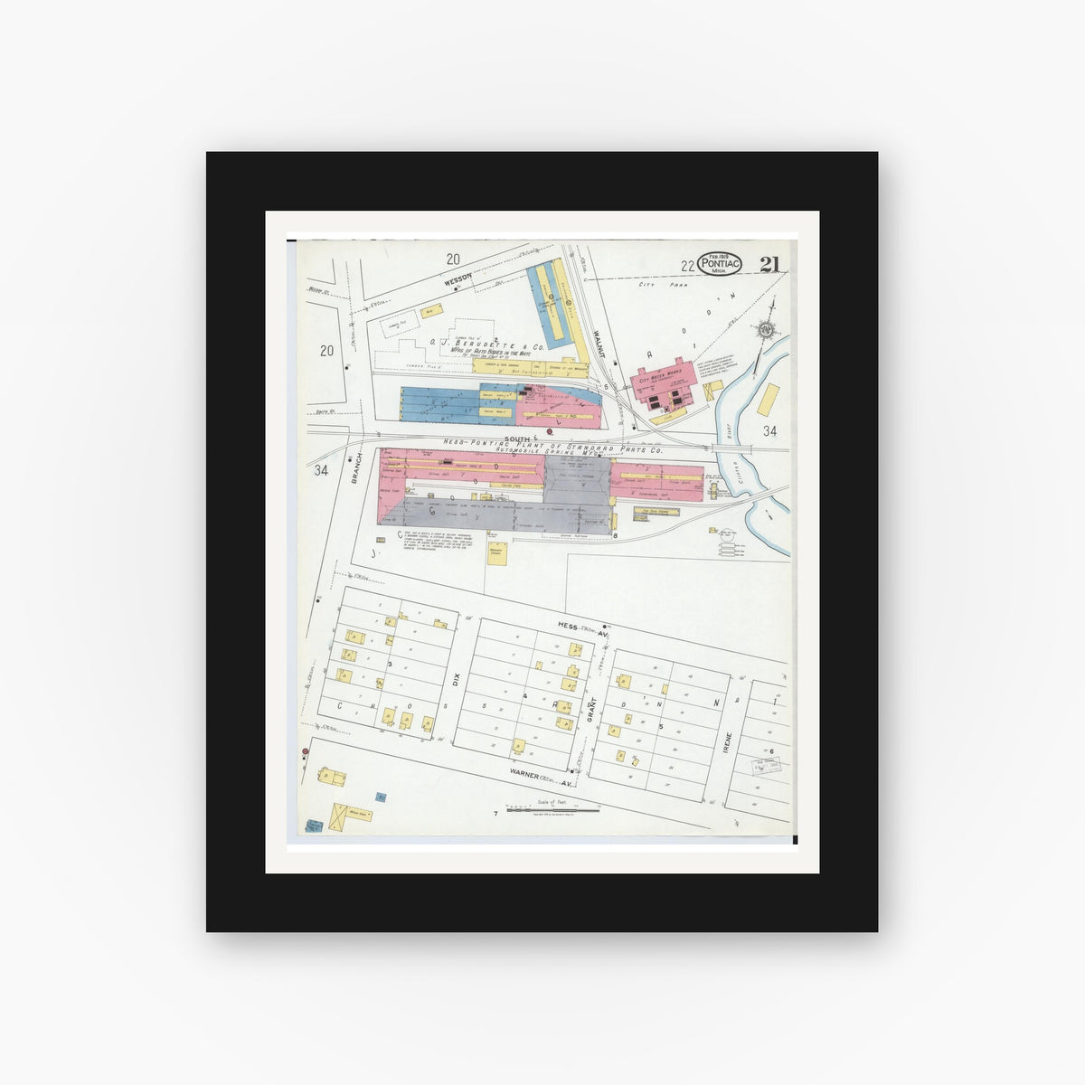 Old map wall art mockup — black gallery frame with white mat — Sanborn Fire Insurance Map from Pontiac, Oakland County, Michigan (1919), Sheet #0021