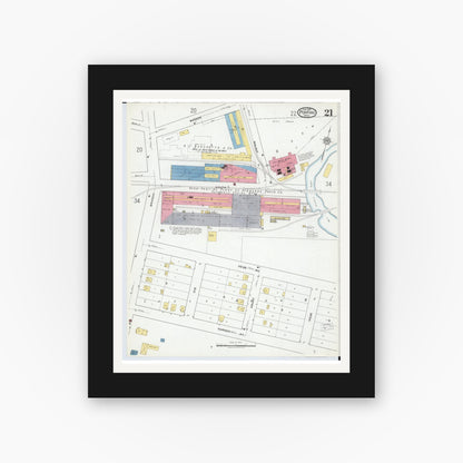 Old map wall art mockup — black gallery frame with white mat — Sanborn Fire Insurance Map from Pontiac, Oakland County, Michigan (1919), Sheet #0021