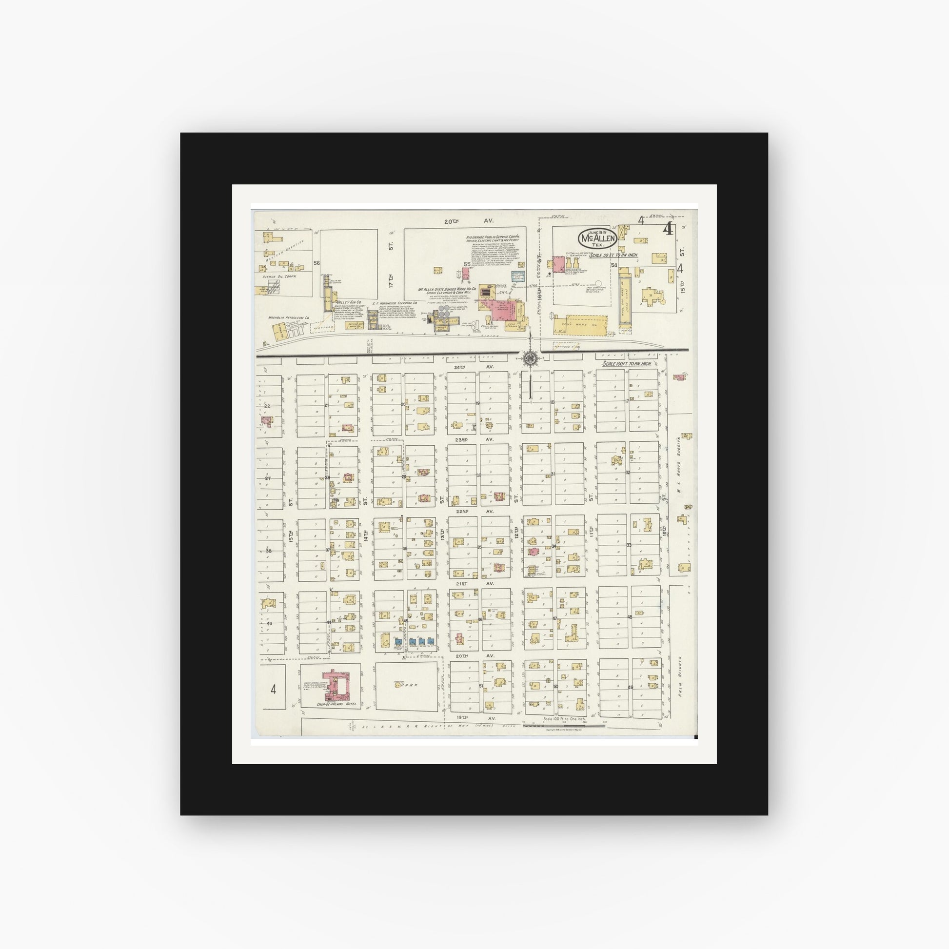 Old map wall art mockup — black gallery frame with white mat — Sanborn Fire Insurance Map from McAllen, Hidalgo County, Texas (1919), Sheet #0004