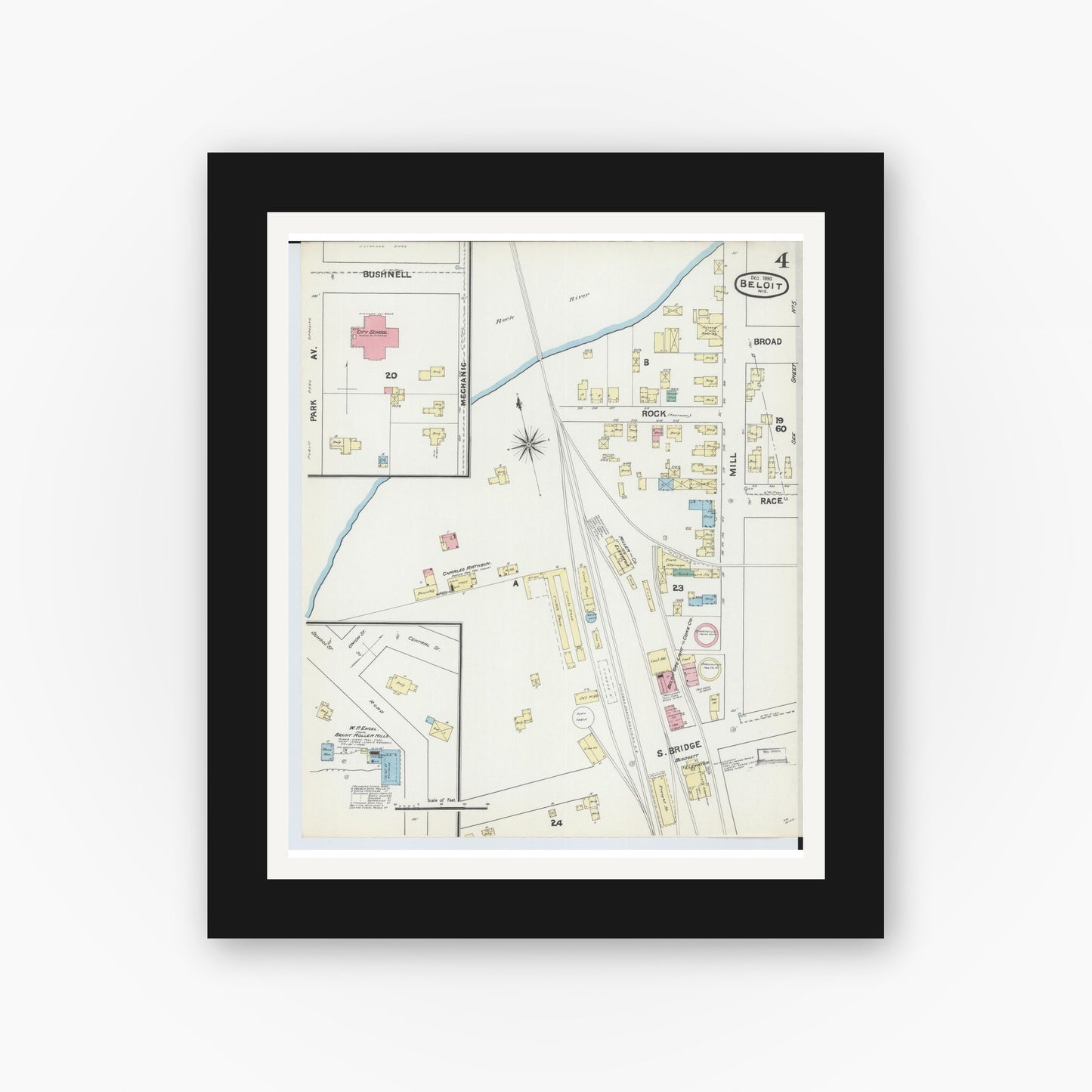Old map wall art mockup — black gallery frame with white mat — Sanborn Fire Insurance Map from Beloit, Rock County, Wisconsin (1890), Sheet #0004