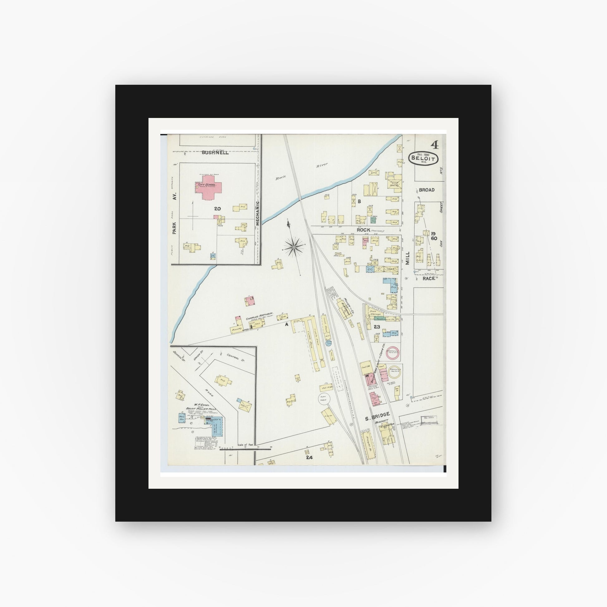 Old map wall art mockup — black gallery frame with white mat — Sanborn Fire Insurance Map from Beloit, Rock County, Wisconsin (1890), Sheet #0004