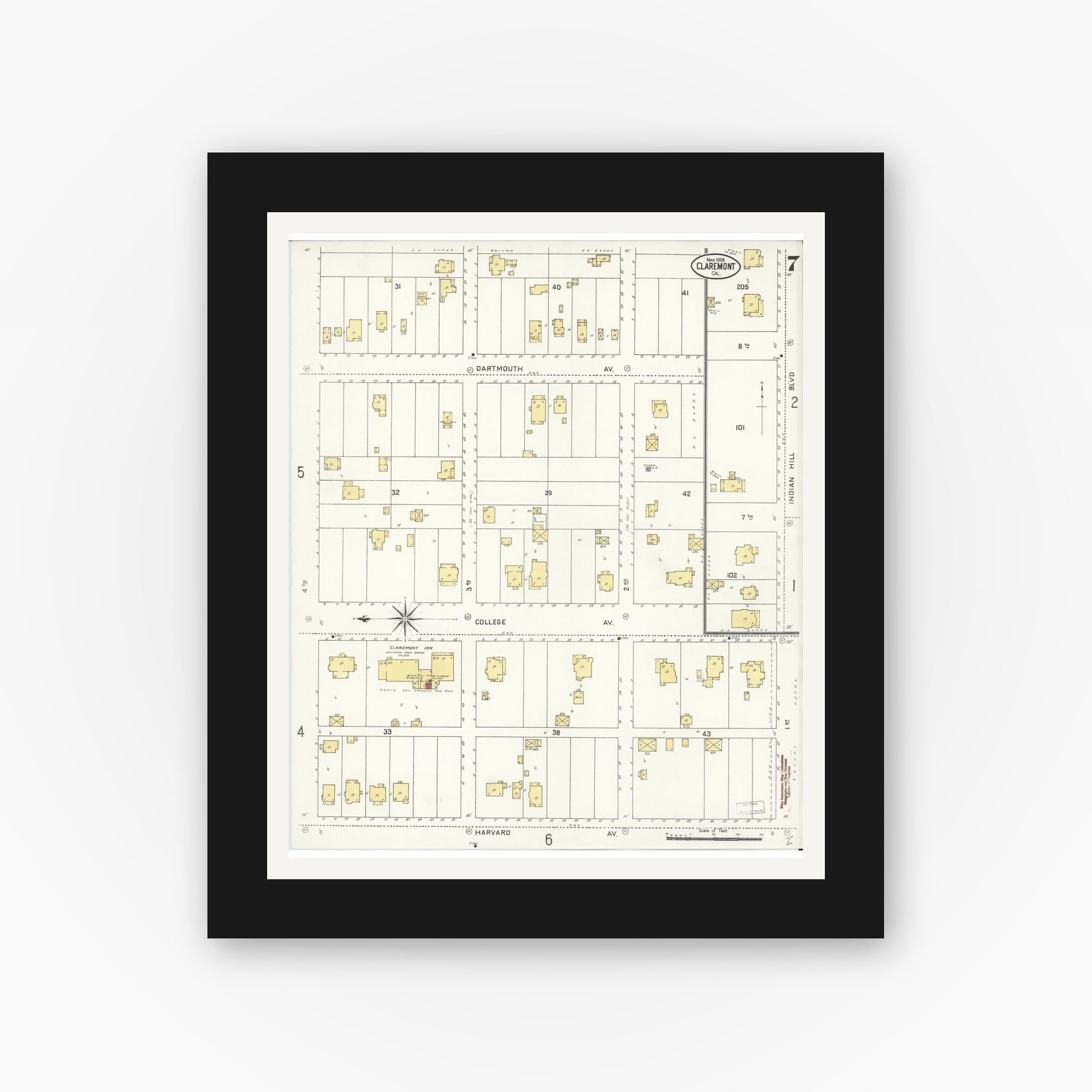 Old map wall art mockup — black gallery frame with white mat — Sanborn Fire Insurance Map from Claremont, Los Angeles County, California (1909), Sheet #0007