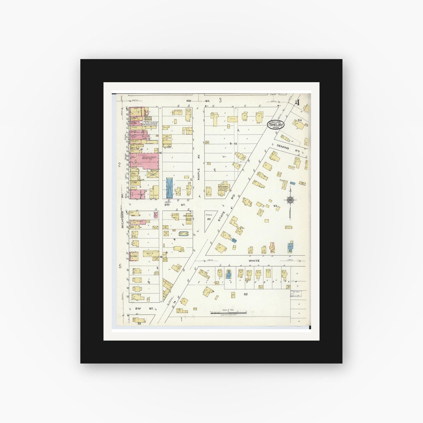 Old map wall art mockup — black gallery frame with white mat — Sanborn Fire Insurance Map from Shelby, Oceana County, Michigan (1920), Sheet #0004