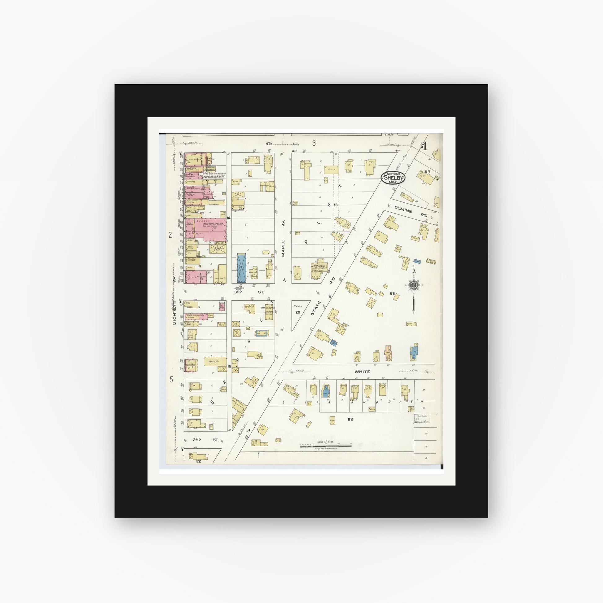 Old map wall art mockup — black gallery frame with white mat — Sanborn Fire Insurance Map from Shelby, Oceana County, Michigan (1920), Sheet #0004