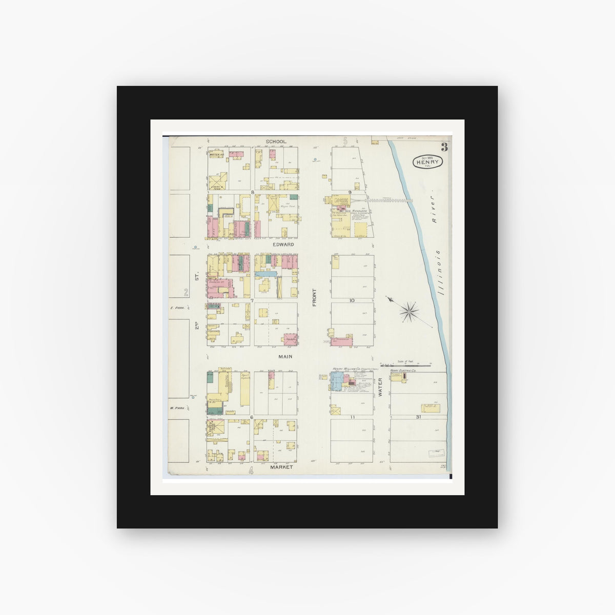 Old map wall art mockup — black gallery frame with white mat — Sanborn Fire Insurance Map from Henry, Marshall County, Illinois (1893), Sheet #0003