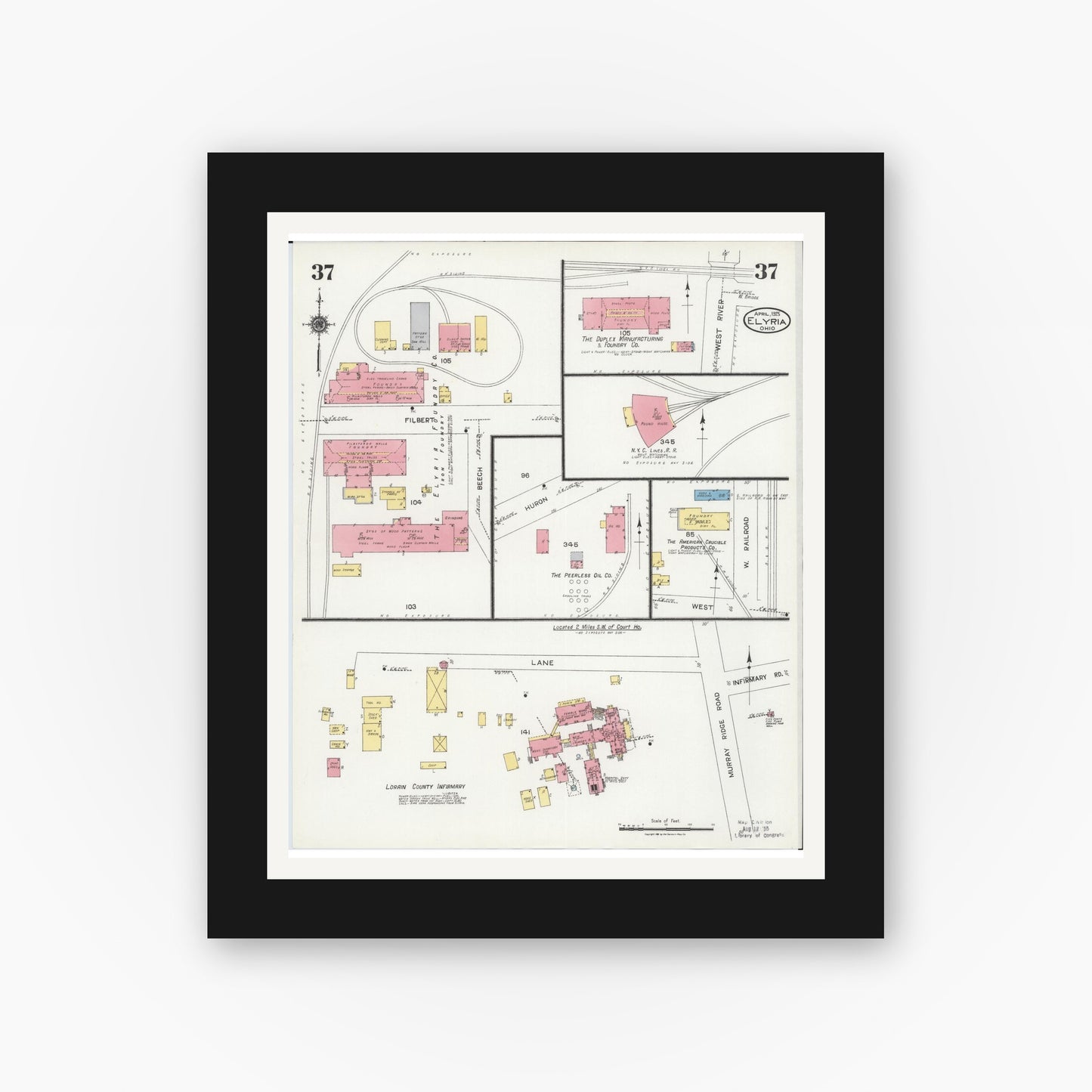 Old map wall art mockup — black gallery frame with white mat — Sanborn Fire Insurance Map from Elyria, Lorain County, Ohio (1925), Sheet #0037