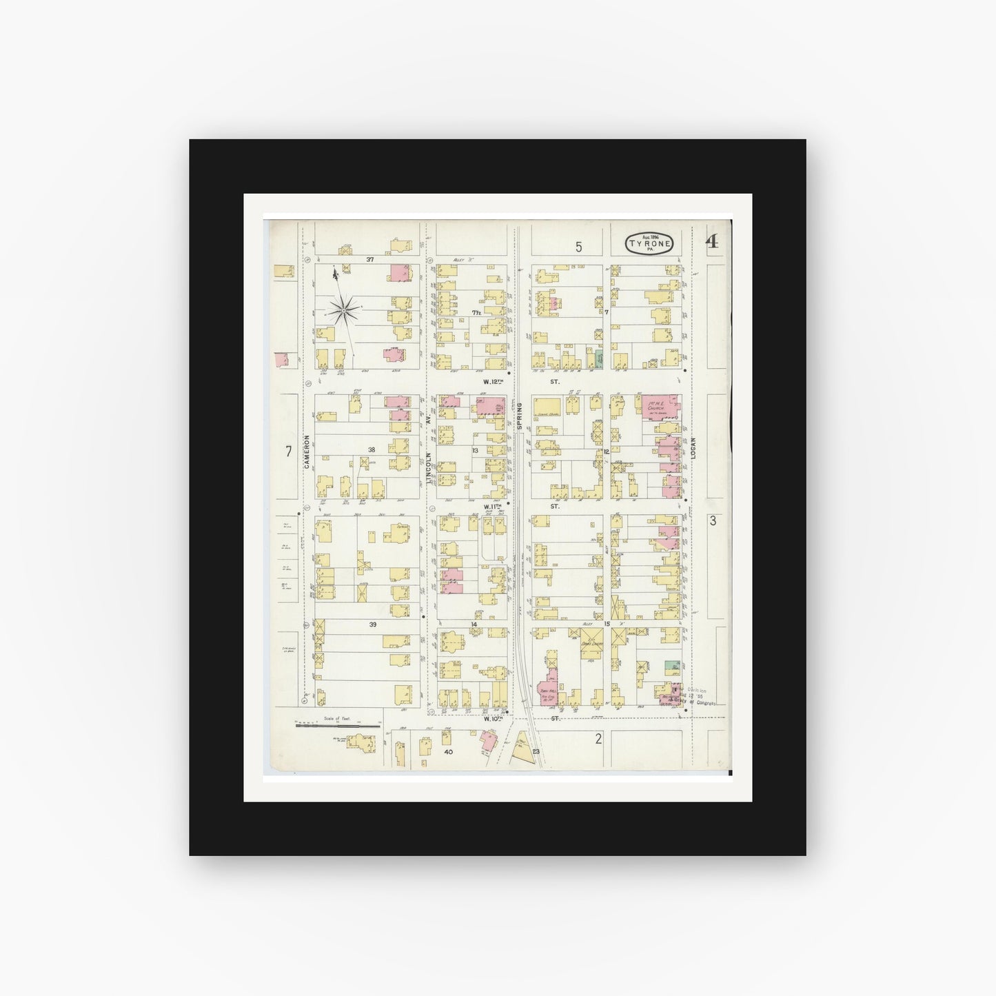 Old map wall art mockup — black gallery frame with white mat — Sanborn Fire Insurance Map from Tyrone, Blair County, Pennsylvania (1896), Sheet #0004